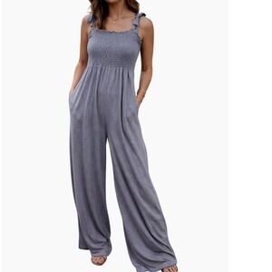 NWT Roxy Just Passing By Smocked Wide Leg Jumpsuit Blue Size Medium